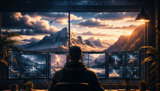 Creative studio workspace with AI image production screens and a dramatic mountain vista.